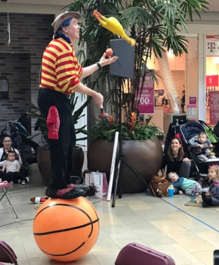 Rolling Globe Walker Greg May at Family Circus Show Columbia Mall with Ms. Julie